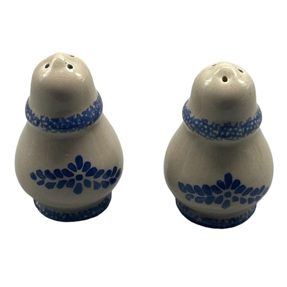ceramic salt and pepper shaker set round 4" tall brown and blue refill READ